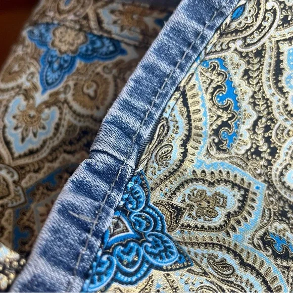 Upcycled Denim & fabric tote bag handmade Blue Metallic Symphony Medallion print - Picture 6 of 7